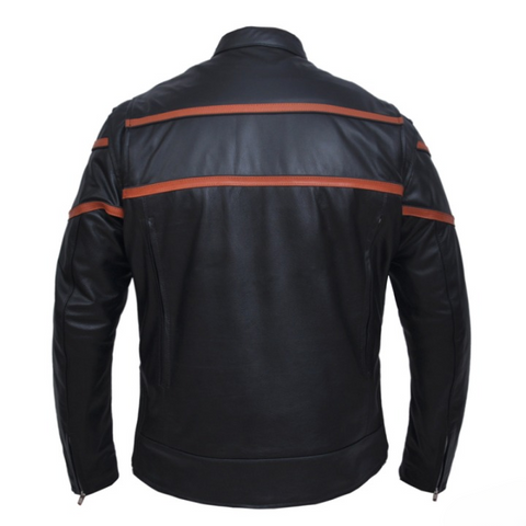 mens black leather motorcycle jacket with brown racing stripes cafe racer biker riding gear stylish protective moto streetwear coat