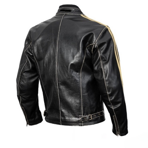 mens black leather motorcycle jacket cafe racer retro biker coat with white racing stripes vintage moto riding gear slim fit stylish