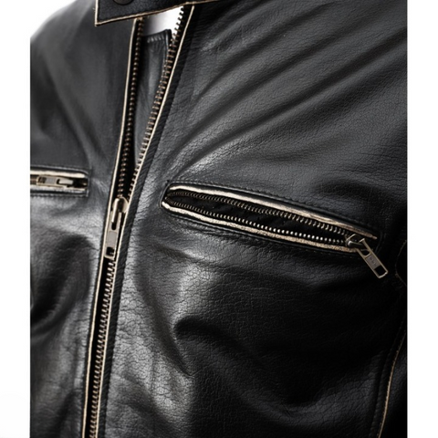 mens black leather motorcycle jacket cafe racer retro biker coat with white racing stripes vintage moto riding gear slim fit stylish