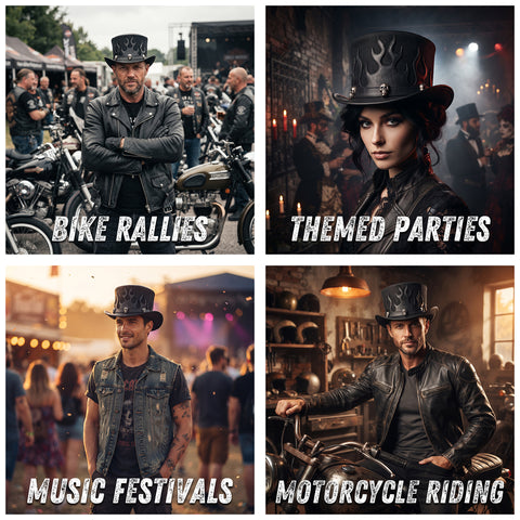 Biker Flame Leather Top Hat Fire Cutouts, Breathable Mesh Crown & Silver Skull Studs