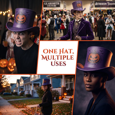 Purple Halloween Leather Top Hat | Spooky Pumpkin & Bats Costume Hat