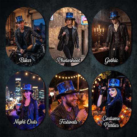 Handmade Black Leather Top Hat, Blue Flame Skull Steampunk Biker Headwear