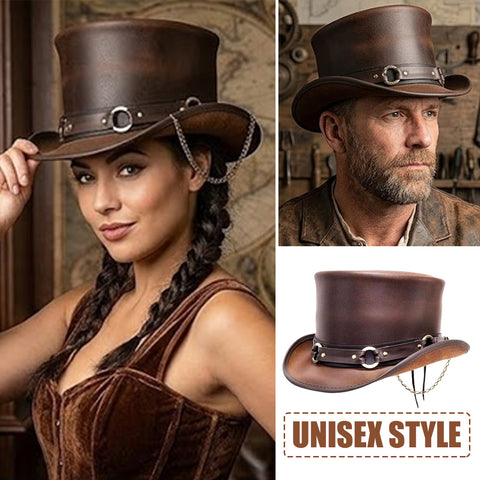 Handcrafted Steampunk Genuine Leather Brown Top Hat, Gothic Western Cosplay Costume Hat