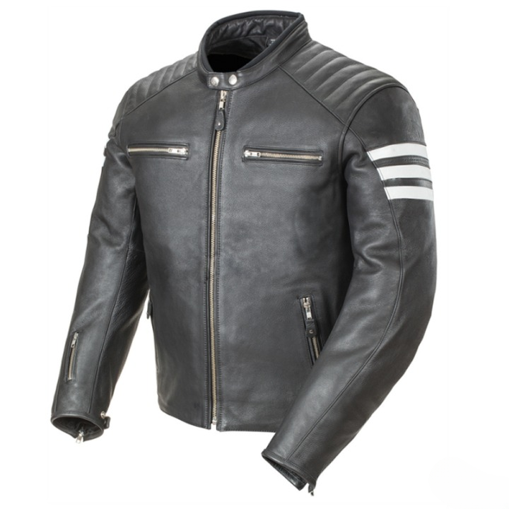 mens black leather motorcycle jacket with white racing stripes retro biker cafe racer moto riding coat vintage slim fit stylish durable