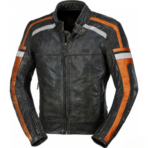 mens black leather motorcycle jacket with orange white stripes cafe racer biker riding gear protective moto streetwear retro style coat