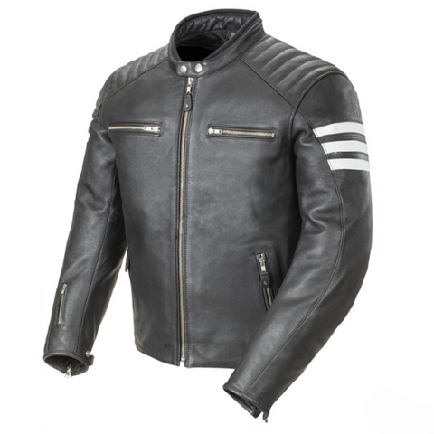 mens black leather motorcycle jacket with white racing stripes retro biker cafe racer moto riding coat vintage slim fit stylish durable