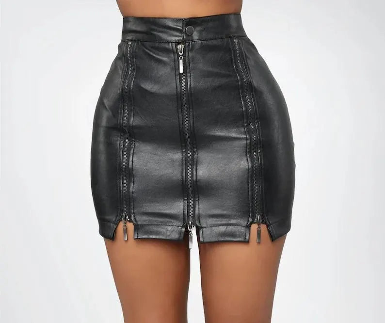 Customizable Women's Sexy Genuine Lambskin High Waist Leather skirt, Women Black Mini Zipper Leather Skirt, Women Short Leather skirt