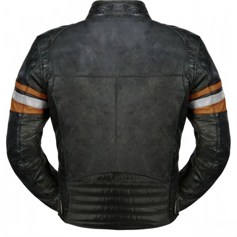 Mens black leather motorcycle jacket with orange white stripes cafe racer biker riding gear protective moto streetwear retro style coat