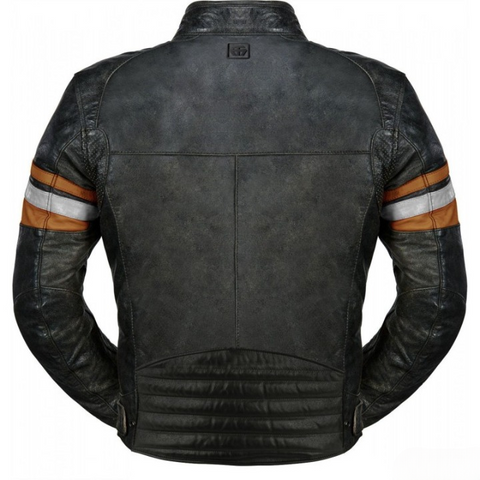 mens black leather motorcycle jacket with orange white stripes cafe racer biker riding gear protective moto streetwear retro style coat