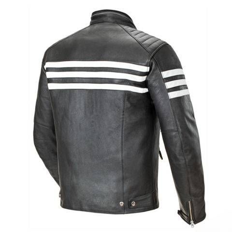 mens black leather motorcycle jacket with white racing stripes retro biker cafe racer moto riding coat vintage slim fit stylish durable