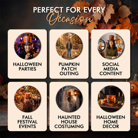 Unisex Genuine Leather Halloween Top Hat - Orange Pumpkin Jack O'Lantern