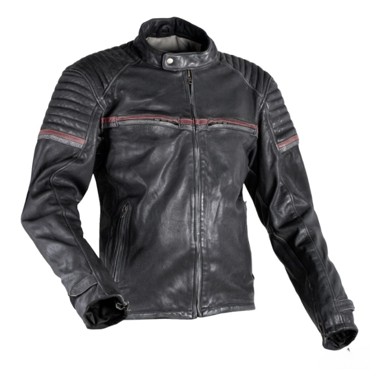 mens black leather motorcycle jacket with red stripes cafe racer retro biker coat quilted shoulders moto riding gear protective streetwear