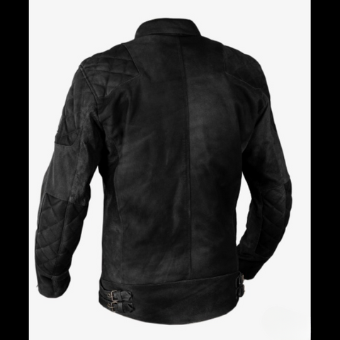 mens black leather biker jacket quilted shoulders vintage cafe racer motorcycle coat adjustable waist buckles durable stylish outerwear