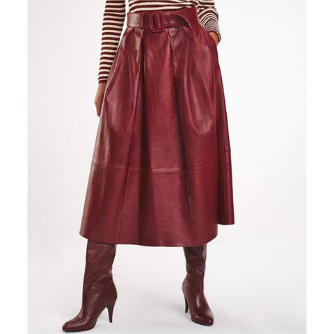 Genuine Leather A-Line Midi Skirt – Flared Silhouette with Self-Tie Belt, Elegant & Timeless