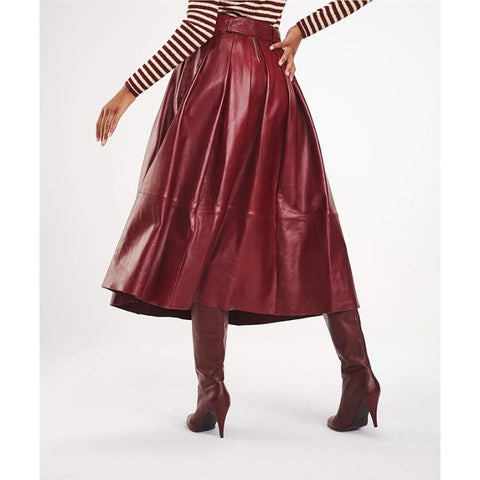 Genuine Leather A-Line Midi Skirt – Flared Silhouette with Self-Tie Belt, Elegant & Timeless