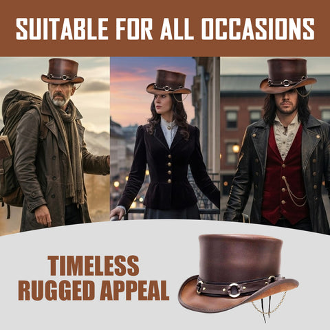 Handcrafted Steampunk Genuine Leather Brown Top Hat, Gothic Western Cosplay Costume Hat