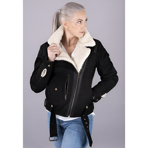 Vintage Luxe Black Shearling Pilot Jacket for Women