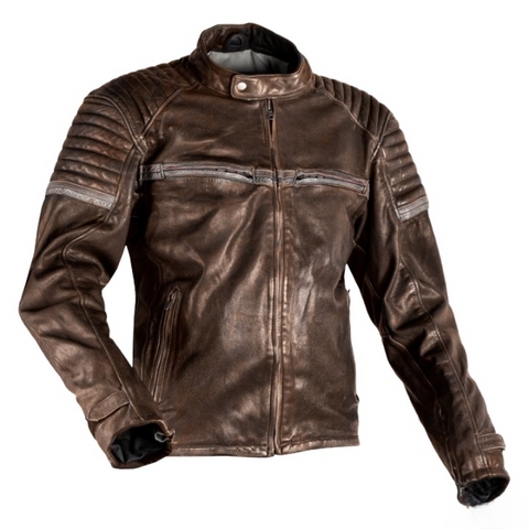 mens brown distressed leather motorcycle jacket cafe racer retro biker coat quilted shoulders moto riding gear protective vintage streetwear