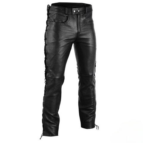 Classic Men’s Black Leather Lace-Up Pants – Premium Motorcycle Biker Trousers