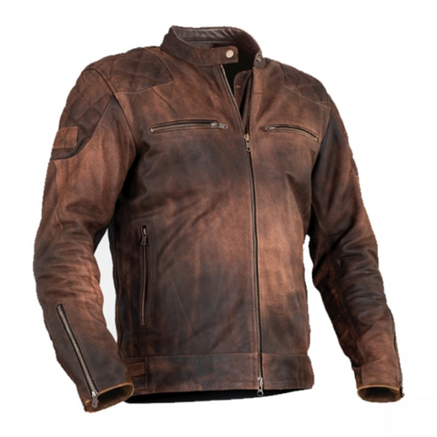 mens brown leather biker jacket vintage cafe racer motorcycle coat quilted shoulders adjustable waist buckles rugged stylish outerwear