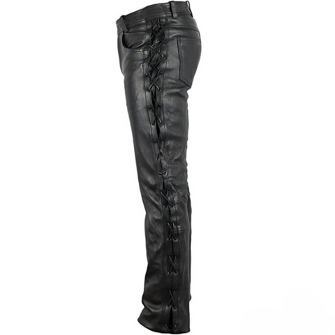 Classic Men’s Black Leather Lace-Up Pants – Premium Motorcycle Biker Trousers