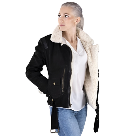 Vintage Luxe Black Shearling Pilot Jacket for Women