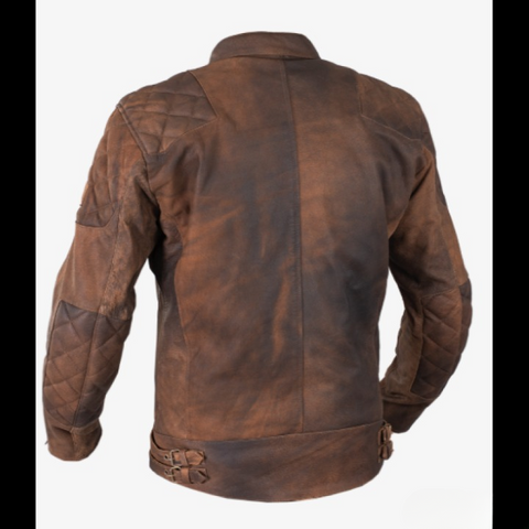 mens brown leather biker jacket vintage cafe racer motorcycle coat quilted shoulders adjustable waist buckles rugged stylish outerwear