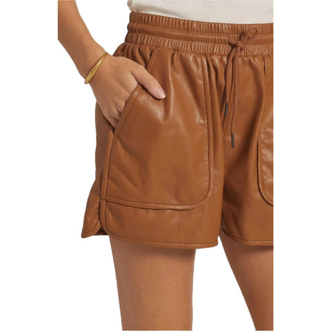Women’s High Waisted Leather Shorts Relaxed A-Line Fit with Drawstring Waist and Large Patch Pockets Trendy Streetwear