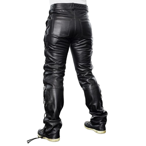 Classic Men’s Black Leather Lace-Up Pants – Premium Motorcycle Biker Trousers