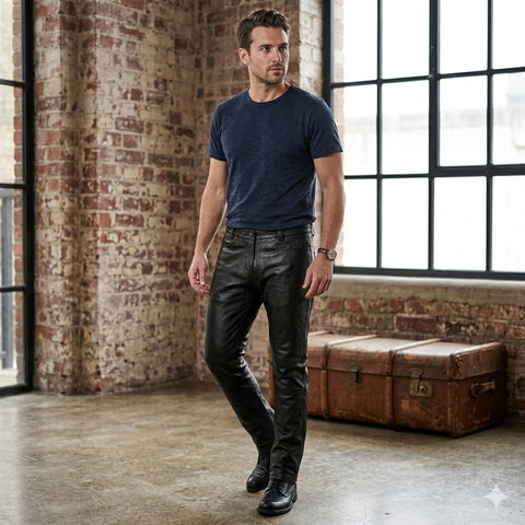 Men's Black Leather Motorcycle Lace-Up Trousers – Genuine Cowhide Biker Riding Pants