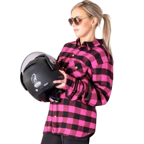 Women’s Premium Pink & Black Flannel Motorcycle Riding Shirt – Casual Protective MC Style