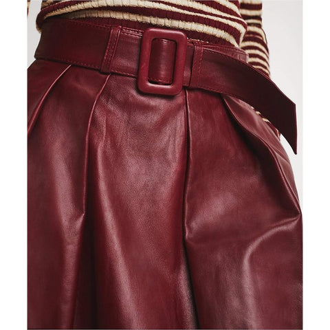 Genuine Leather A-Line Midi Skirt – Flared Silhouette with Self-Tie Belt, Elegant & Timeless