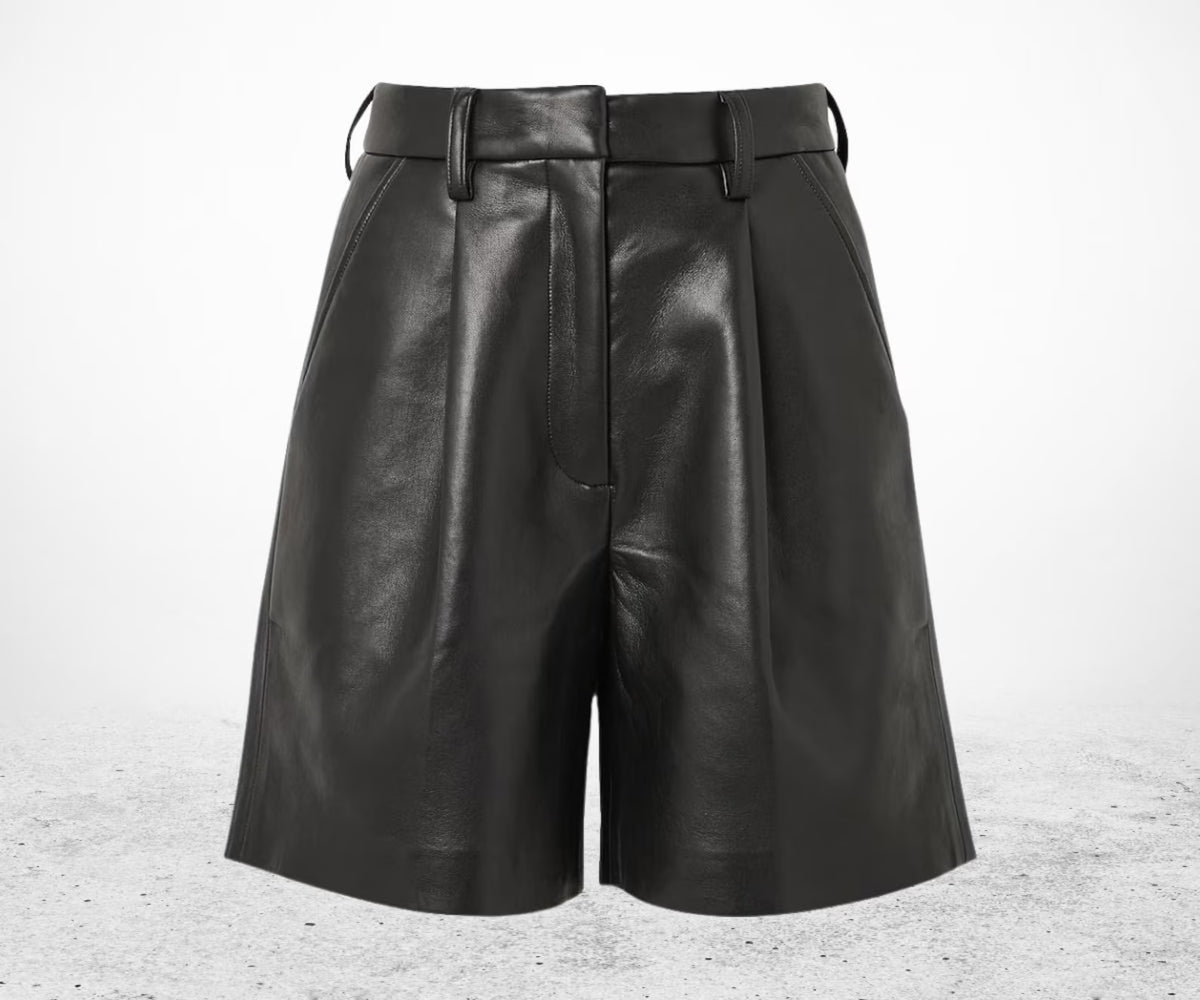 Women’s Black Leather Shorts – Genuine Leather, Pleated Front Biker Style with Pockets | Edgy Street wear & Statement Party Look