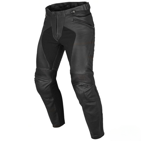 Men’s Black Leather Motorcycle Pants – Durable Racing Protection Gear with Stretch Panels