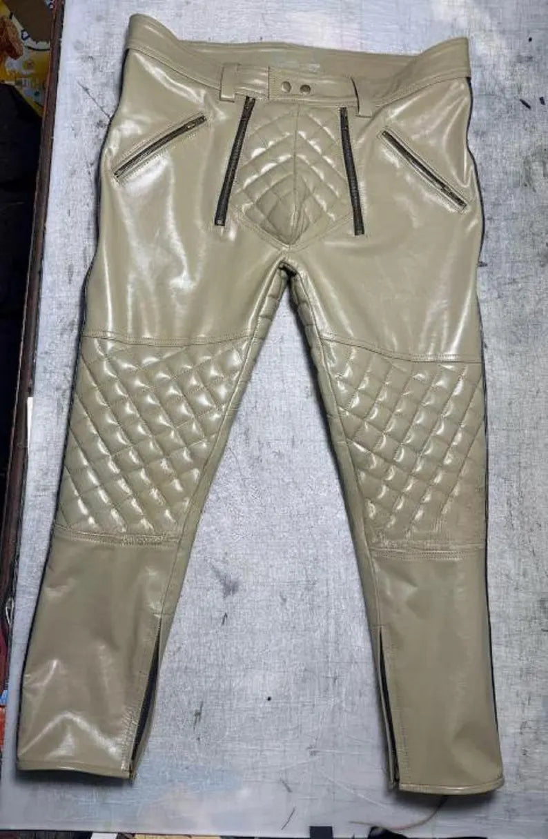 Men's Real Cowhide Leather Quilted Biker Pants | Open Front Bold Clubwear | Unique Fetish Style Trousers, Gift For Any Special Person