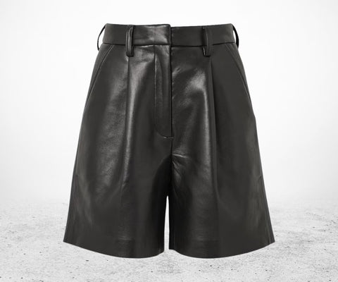 Women’s Black Leather Shorts – Genuine Leather, Pleated Front Biker Style with Pockets | Edgy Street wear & Statement Party Look