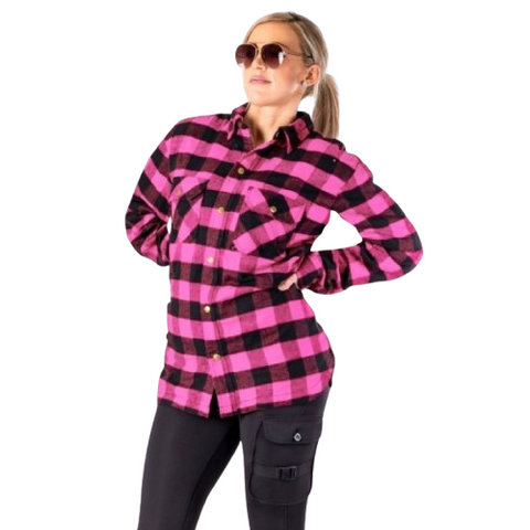 Women’s Premium Pink & Black Flannel Motorcycle Riding Shirt – Casual Protective MC Style