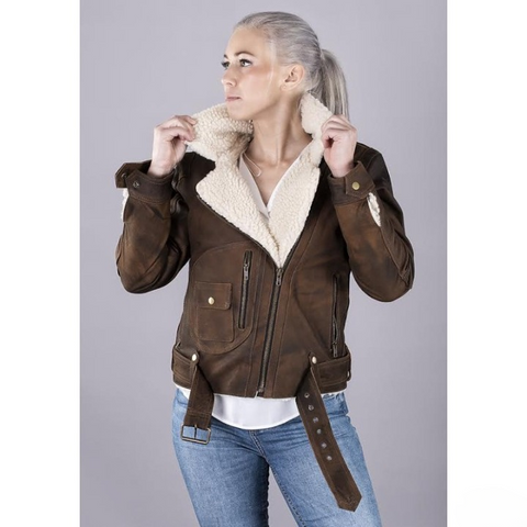 Classic Brown Shearling Aviator Jacket for Women