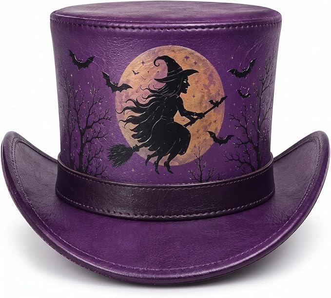 Purple Halloween Leather Top Hat – Spooky Flying Witch, Full Moon, and Bats Design for Costumes