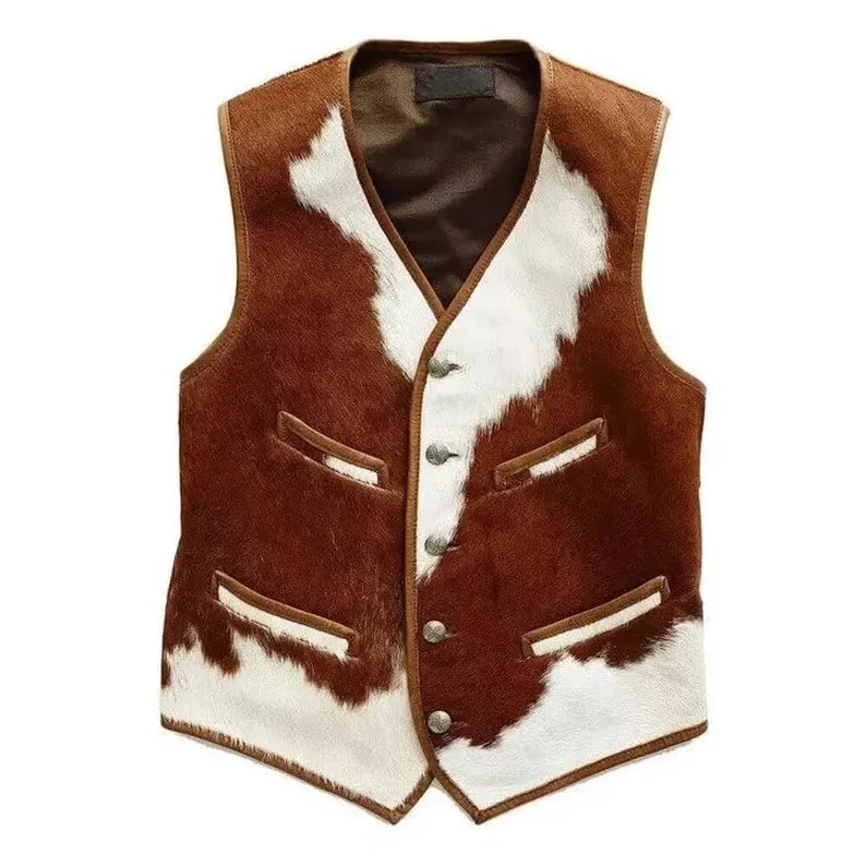 Men's Real Cowhide Leather Vest – Natural Hair-On Western Cowboy Style Waistcoat – Handmade & Unique Pattern Special Gift