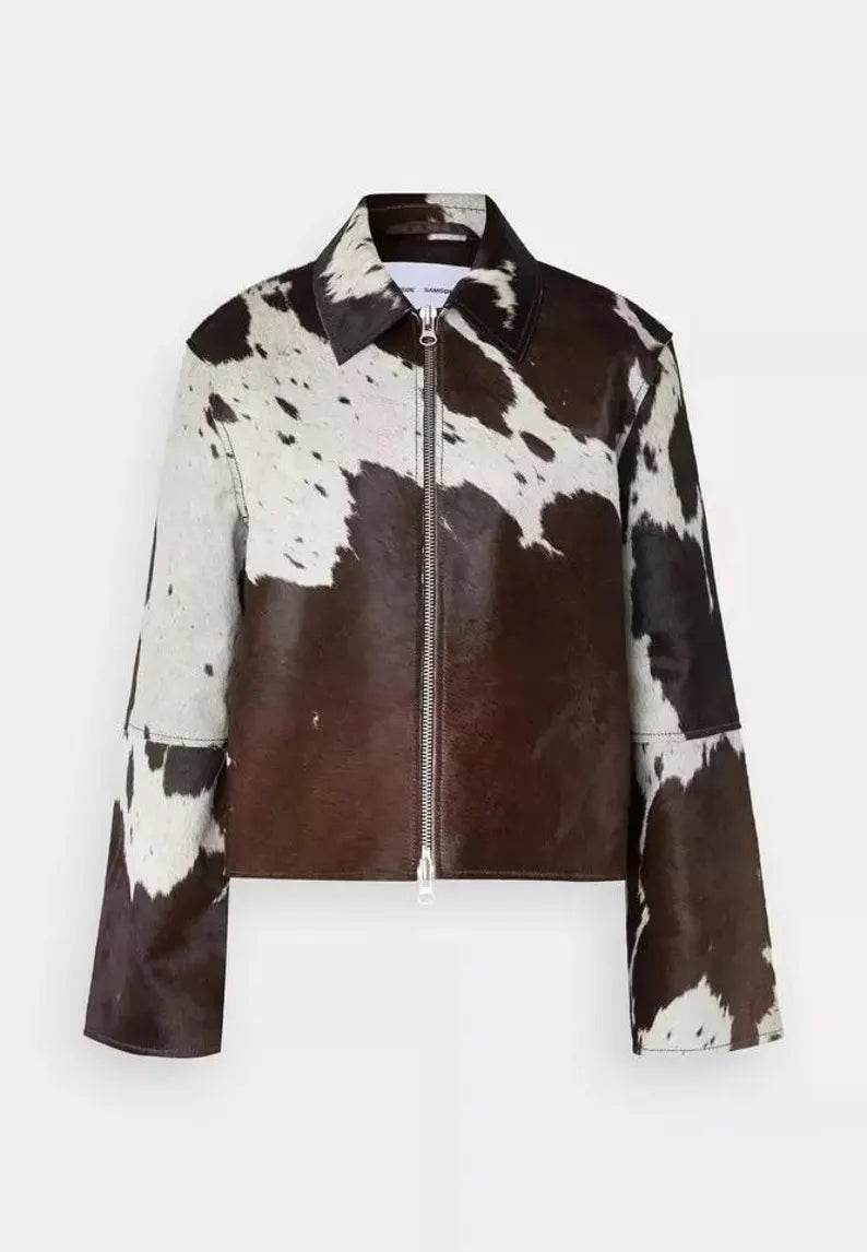 Women Premium Cowhide Leather Jacket | Natural Hair-On Cow Skin | Handcrafted Western Biker Style | Unique Streetwear Coat