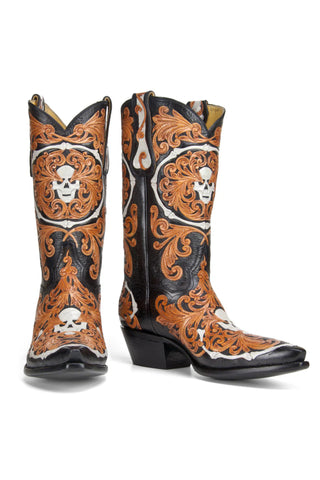 Men’s High Embroidery Cowboy Boots – Black & Tan Western Boots with Skull Detailing