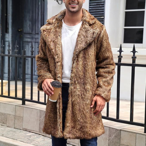 Men's Luxury Brown Faux Fur Long Coat | Warm Winter Overcoat
