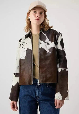 Women Premium Cowhide Leather Jacket | Natural Hair-On Cow Skin | Handcrafted Western Biker Style | Unique Streetwear Coat