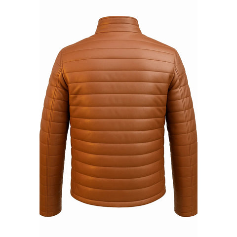 Men Tan Leather Puffer Jacket Genuine Leather Quilted Winter Jacket Slim Fit Brown Leather Coat