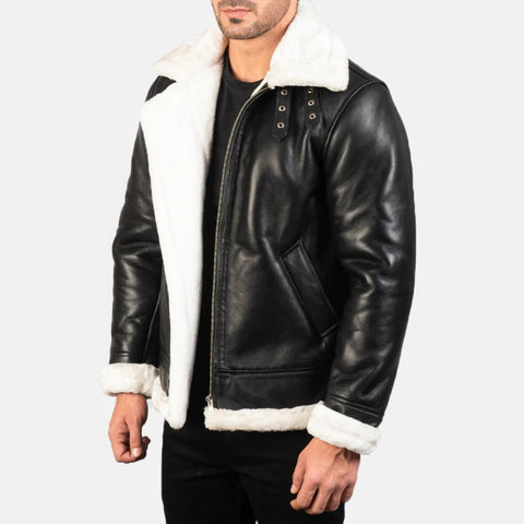 Men Black Shearling Leather Jacket Genuine Leather Aviator Jacket Winter Fur Lined Coat