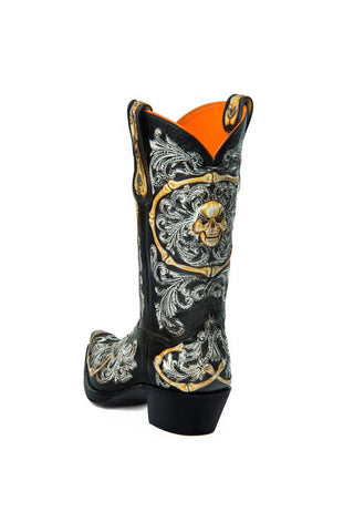 Men’s Black Skull Embossed High Cowboy Boots | Gothic Western Style