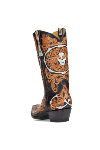 Men’s High Embroidery Cowboy Boots – Black & Tan Western Boots with Skull Detailing