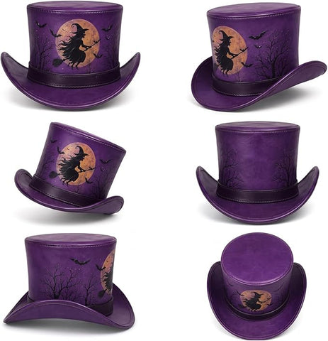 Purple Halloween Leather Top Hat – Spooky Flying Witch, Full Moon, and Bats Design for Costumes