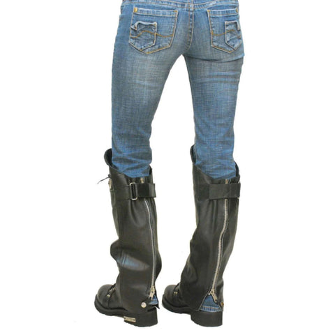 Men’s Genuine Leather Half Chaps – Black Motorcycle Riding Leg Gaiters